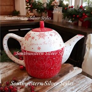 Inspirational Jesus Is The Gift Vintage Christmas Teapot Kettle Red White Color